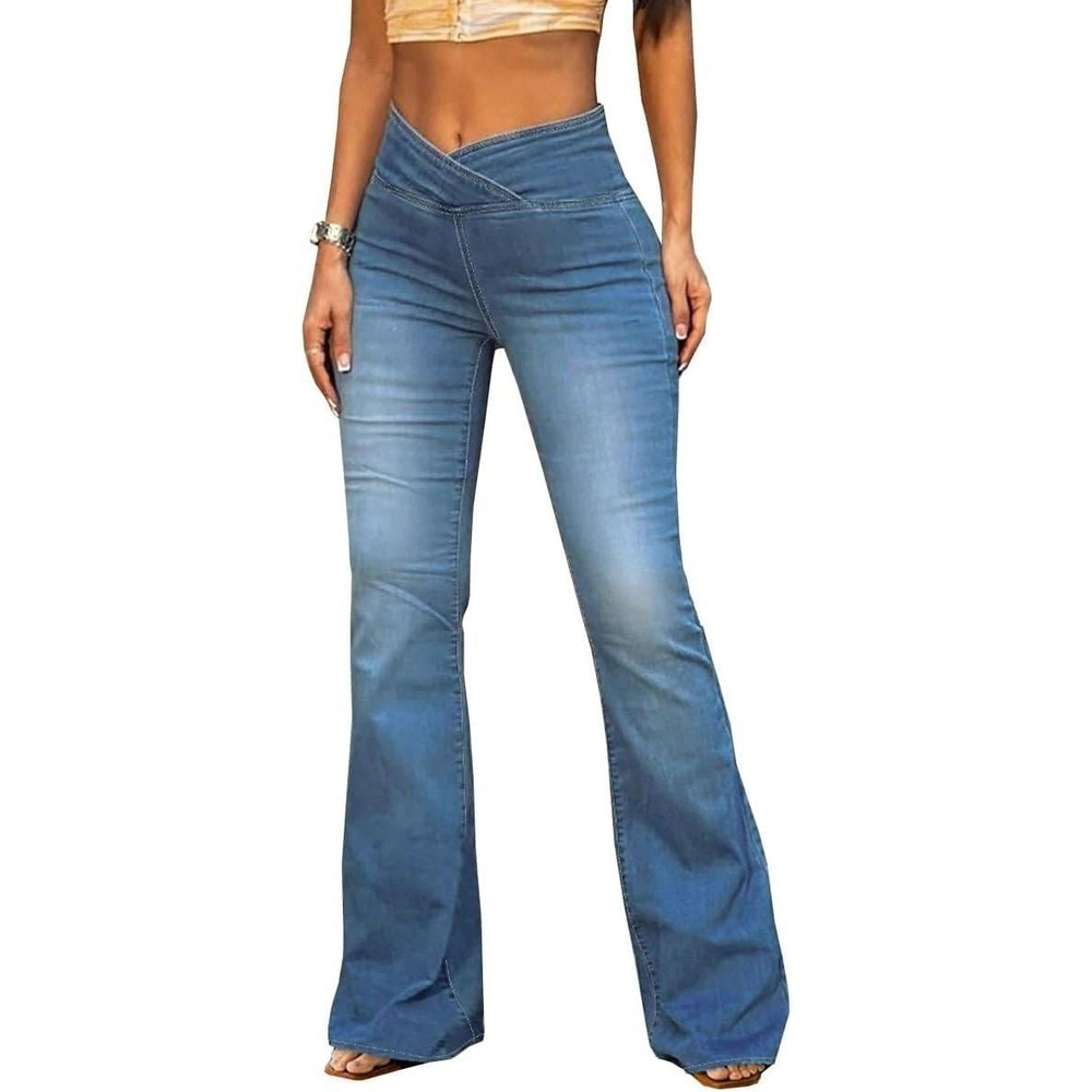 Flamingals Womens High Waisted Crossover Flare Jeans Medium Wash Blue Size M